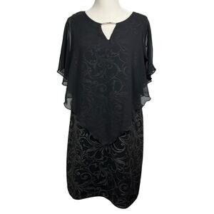 Alexa B Nites Black Silver Floral Metallic Sheath Cape Women's 14W Dress